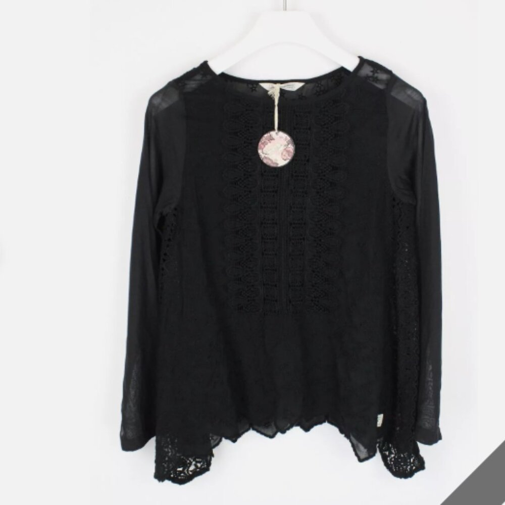 ODD MOLLY Jazz L/s Top Blouse Women's SMALL Sheer Lace Insert Crew Neck - NWT